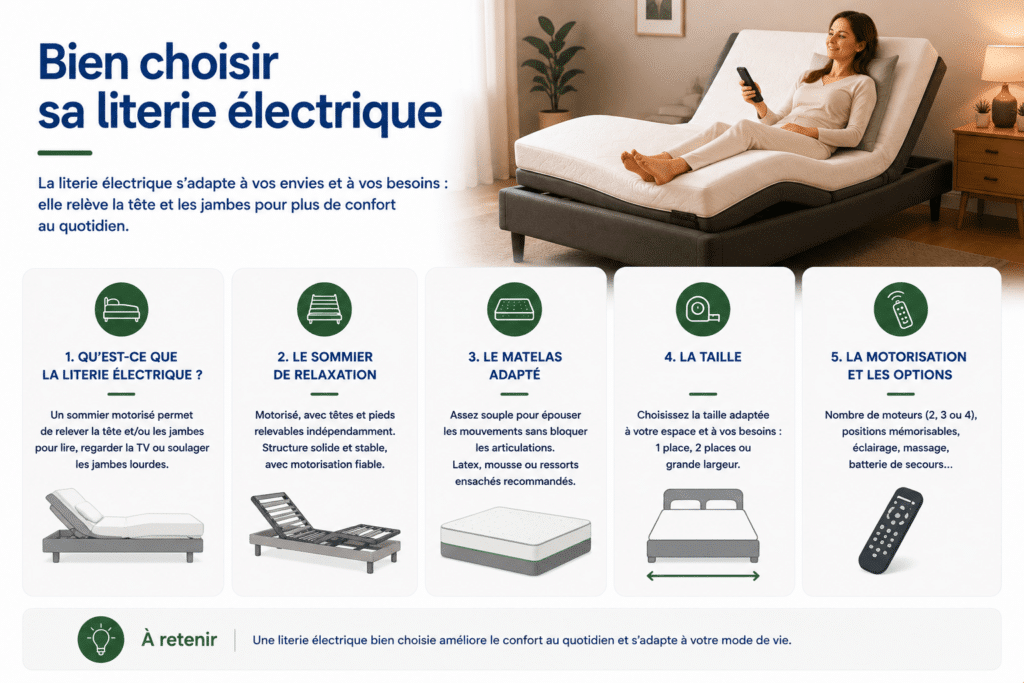 Infographie expliquant comment bien choisir une literie électrique. Elle présente les principaux critères de sélection : le fonctionnement d’un sommier électrique permettant de relever indépendamment la tête et les jambes, le choix d’un sommier de relaxation robuste, un matelas compatible suffisamment souple (latex, mousse ou ressorts ensachés), la taille adaptée aux besoins (1 ou 2 personnes) ainsi que les options disponibles comme le nombre de moteurs, les positions mémorisables, le massage, l’éclairage ou la batterie de secours. L’infographie rappelle qu’une literie électrique améliore le confort au quotidien en s’adaptant aux besoins de chaque utilisateur.