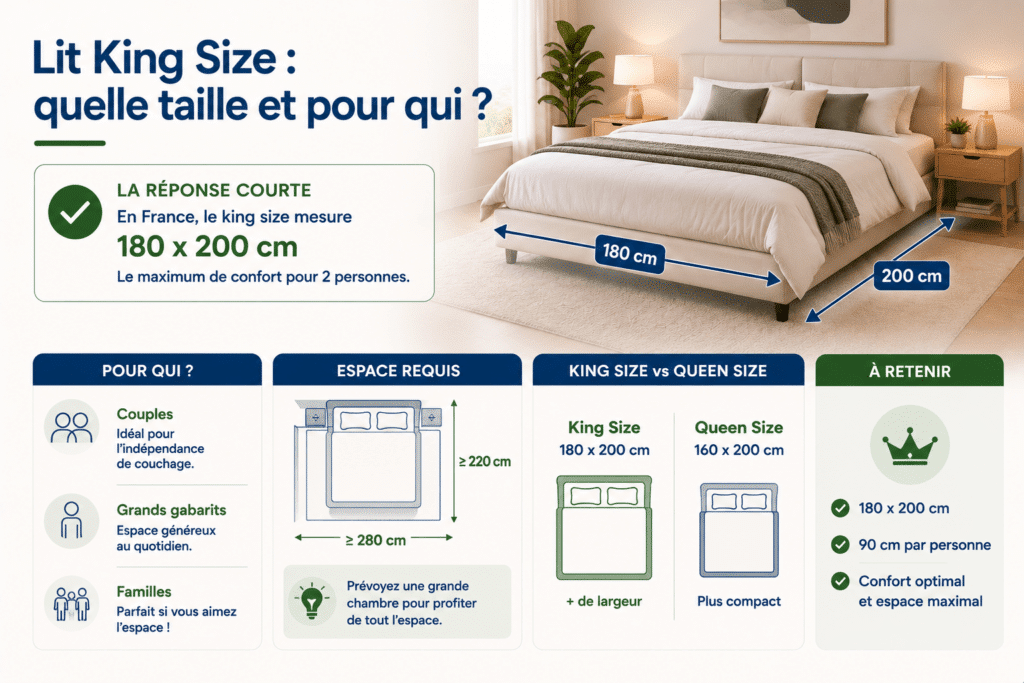 Infographie présentant les dimensions d'un lit King Size (180x200 cm), les profils auxquels il convient, l'espace nécessaire dans une chambre et la comparaison entre un lit King Size et un Queen Size.