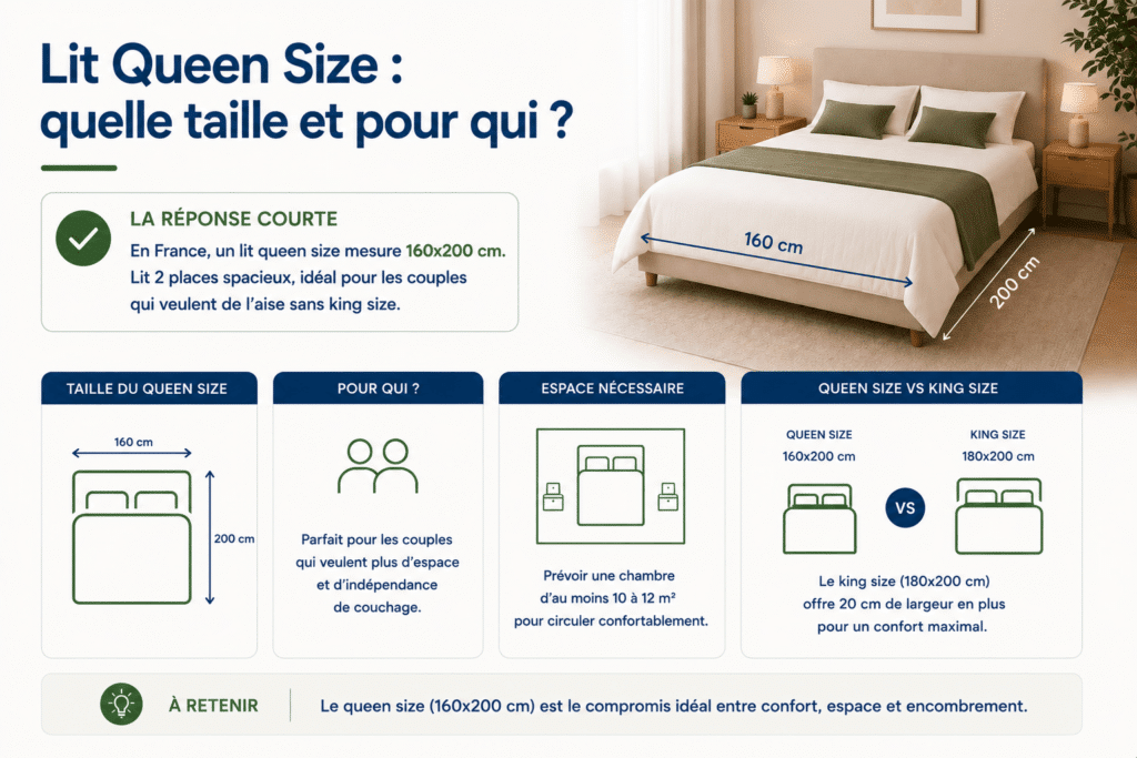 Infographie expliquant les dimensions d'un lit Queen Size (160x200 cm), les personnes auxquelles il convient, l'espace recommandé dans une chambre et les différences entre un lit Queen Size et un King Size.