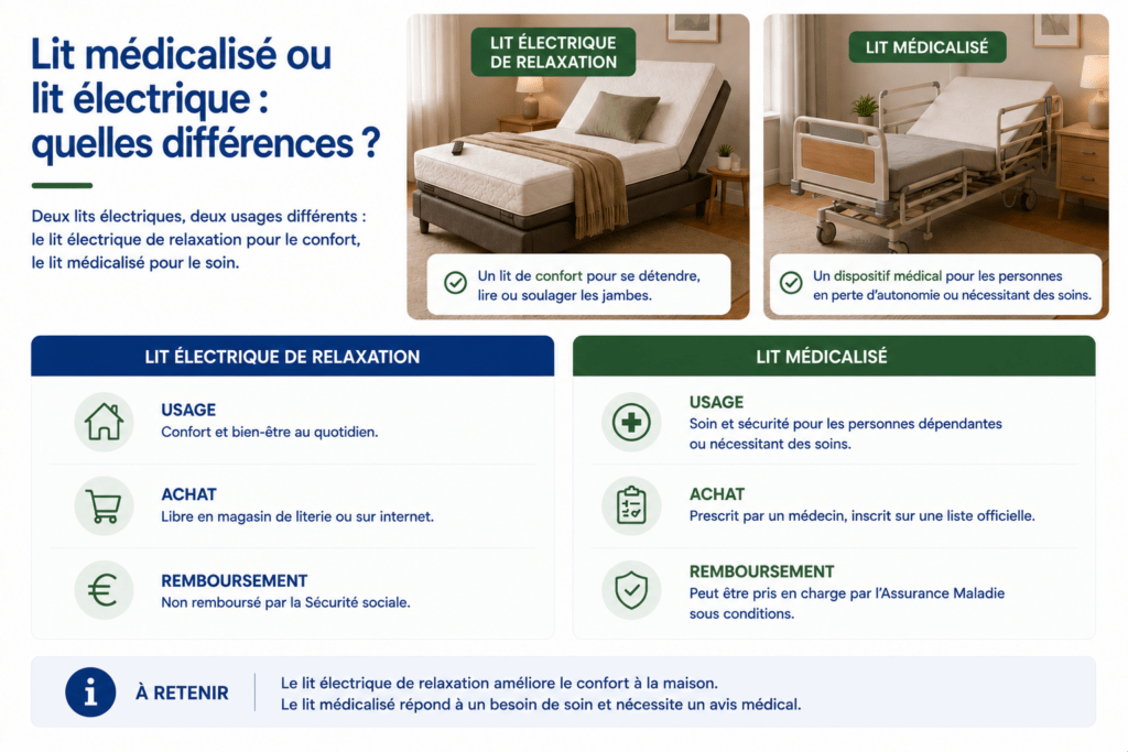 Infographie comparant un lit électrique de relaxation et un lit médicalisé. Elle explique que le lit électrique de relaxation est conçu pour améliorer le confort à domicile, faciliter la lecture, la détente et le soulagement des jambes, tandis que le lit médicalisé est un dispositif destiné aux personnes en perte d’autonomie ou nécessitant des soins. L’infographie compare également leur usage, leurs conditions d’achat et leur prise en charge : le lit de relaxation est vendu librement sans remboursement par l’Assurance Maladie, alors que le lit médicalisé est prescrit par un médecin et peut être remboursé sous certaines conditions. Elle rappelle enfin que le lit électrique améliore le confort, tandis que le lit médicalisé répond à un besoin de soins.