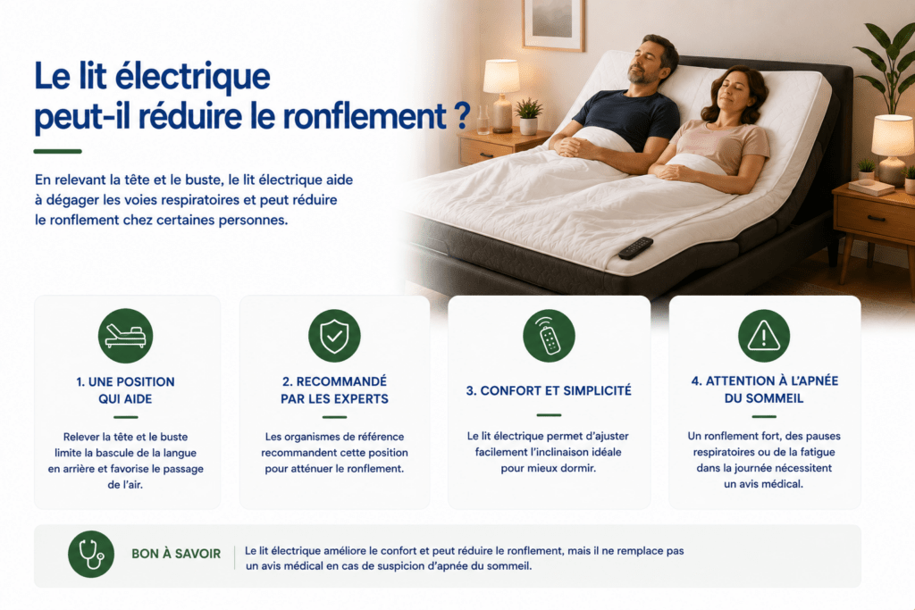Infographie expliquant comment un lit électrique peut contribuer à réduire le ronflement. Elle indique que le fait de relever la tête et le buste aide à dégager les voies respiratoires, limite le recul de la langue et favorise le passage de l’air chez certaines personnes. L’infographie précise que cette position est recommandée par des organismes de référence, qu’un lit électrique permet d’ajuster facilement l’inclinaison pour améliorer le confort de sommeil et rappelle qu’un ronflement important associé à des pauses respiratoires ou à une fatigue persistante peut être le signe d’une apnée du sommeil nécessitant un avis médical.