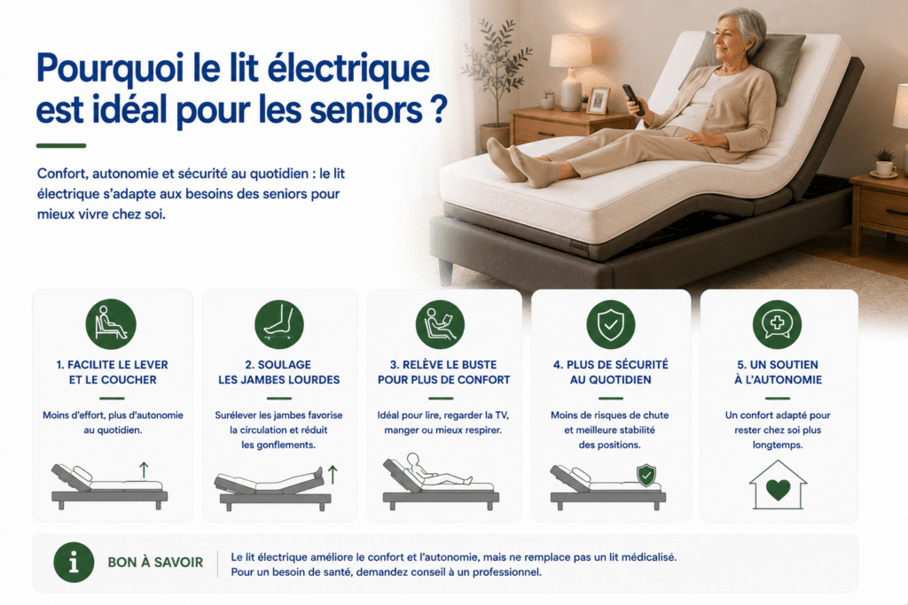 Infographie présentant les avantages d’un lit électrique pour les seniors. Elle explique comment la literie électrique facilite le lever et le coucher, soulage les jambes lourdes en les surélevant, relève le buste pour améliorer le confort lors de la lecture, des repas ou de la respiration, réduit les risques de chute grâce à une meilleure stabilité et favorise le maintien à domicile en renforçant l’autonomie. L’infographie rappelle également qu’un lit électrique améliore le confort quotidien mais ne remplace pas un lit médicalisé lorsqu’un besoin de santé spécifique existe.