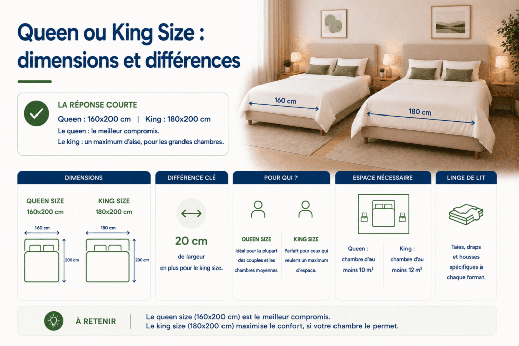 Infographie comparant les lits Queen Size (160x200 cm) et King Size (180x200 cm), leurs dimensions, leurs différences, les profils auxquels ils conviennent, l'espace nécessaire dans une chambre et les tailles de linge de lit adaptées.