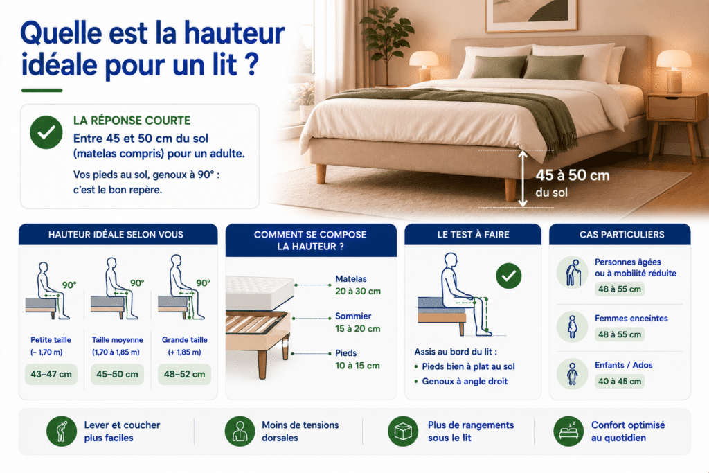 Infographie expliquant la hauteur idéale d'un lit selon la taille de la personne, la composition lit + sommier + matelas, les cas particuliers (personnes âgées, enfants, femmes enceintes) et les critères pour choisir une hauteur confortable.