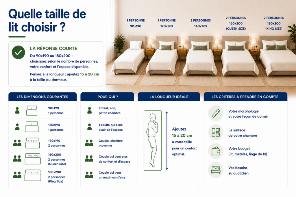 Infographie présentant les principales tailles de lit (90x190 à 180x200), leurs usages selon le nombre de personnes, la longueur idéale et les critères à prendre en compte pour bien choisir son lit.