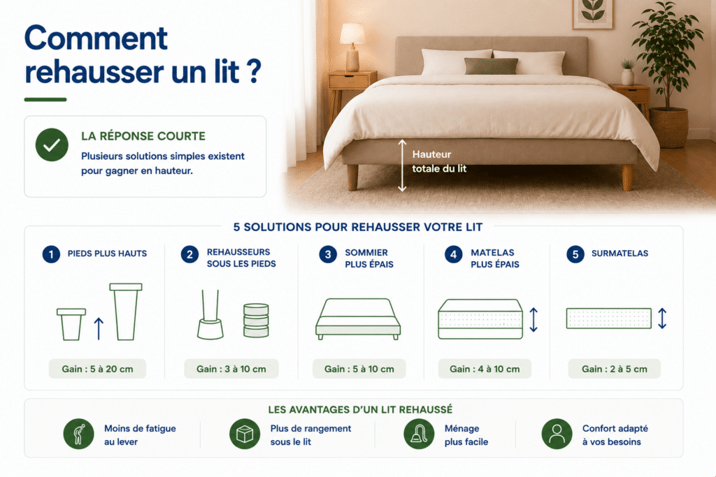 Infographie présentant cinq solutions pour rehausser un lit : pieds plus hauts, rehausseurs de pieds, sommier plus épais, matelas plus épais et surmatelas, avec le gain de hauteur estimé et les principaux avantages comme un lever plus facile, davantage de rangement sous le lit et un meilleur confort.