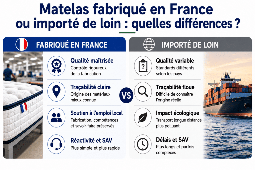 Infographie comparant un matelas fabriqué en France à un matelas importé afin de présenter les principaux critères à prendre en compte lors de l'achat. La partie consacrée à la fabrication française met en avant une meilleure maîtrise de la qualité grâce à des contrôles de fabrication, une traçabilité plus claire des matériaux, le soutien à l'emploi local ainsi qu'un service après-vente généralement plus réactif. La partie dédiée aux matelas importés rappelle que les niveaux de qualité peuvent varier selon les pays, que la traçabilité est parfois moins transparente, que le transport sur de longues distances peut augmenter l'impact environnemental et que les délais de livraison ou de service après-vente peuvent être plus longs. L'infographie invite à comparer l'origine, la qualité, la traçabilité et les services proposés avant de choisir un matelas.