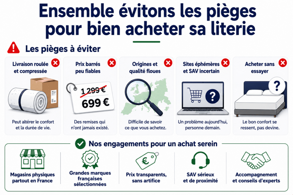 Infographie présentant les principaux pièges à éviter lors de l’achat d’une literie et les bonnes pratiques pour faire un choix éclairé. Elle met en garde contre les matelas livrés roulés et fortement compressés susceptibles d’altérer le confort et la durabilité, les faux prix barrés et promotions trompeuses, le manque de transparence sur l’origine et la qualité des produits, les sites internet éphémères proposant un service après-vente incertain, ainsi que l’achat d’un matelas sans l’avoir essayé. En parallèle, l’infographie rappelle les critères d’un achat en toute confiance : privilégier des magasins physiques partout en France, des grandes marques françaises sélectionnées, des prix transparents, un service après-vente de proximité et l’accompagnement de conseillers experts pour choisir une literie adaptée à ses besoins.