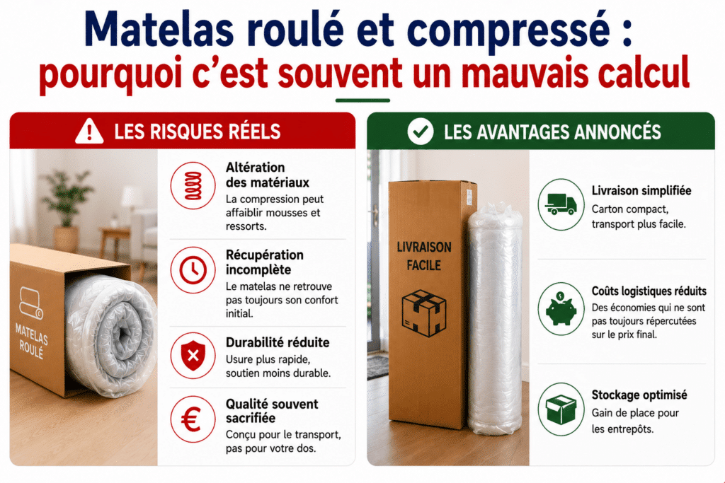 Infographie comparant les risques et les avantages annoncés des matelas roulés et compressés. Elle explique que la compression prolongée peut entraîner une altération des matériaux, une récupération incomplète de la forme d'origine, une diminution de la durabilité et, selon les produits, un confort parfois inférieur à celui d'un matelas livré à plat. L'infographie rappelle également les bénéfices souvent mis en avant par les fabricants : livraison facilitée grâce à un carton compact, réduction des coûts logistiques et optimisation du stockage. Elle invite les consommateurs à privilégier la qualité des matériaux et le confort à long terme plutôt que la seule facilité de transport lors du choix d'un matelas.