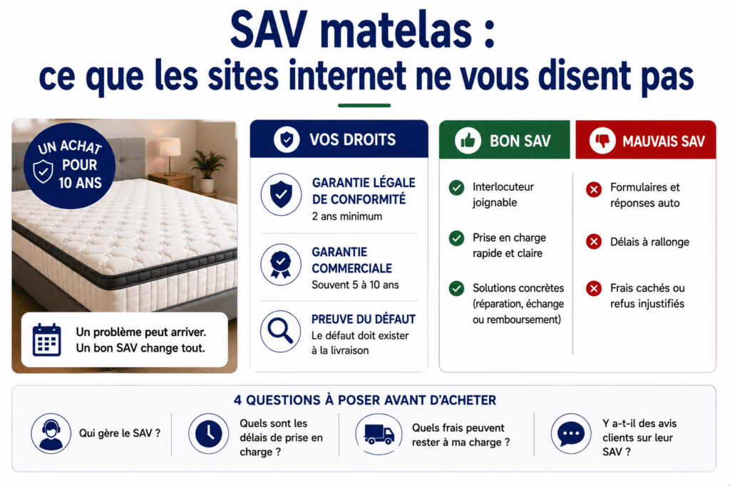 Infographie expliquant l'importance du service après-vente lors de l'achat d'un matelas. Elle présente les principaux droits du consommateur, notamment la garantie légale de conformité de deux ans, les garanties commerciales proposées par certains fabricants et les conditions de prise en charge en cas de défaut. L'infographie compare également les caractéristiques d'un bon SAV, avec un interlocuteur facilement joignable, des délais de traitement clairs et des solutions adaptées, à celles d'un service après-vente de mauvaise qualité, marqué par des réponses automatisées, des délais prolongés et des frais ou refus de prise en charge contestables. Enfin, elle recommande de se renseigner avant l'achat sur le gestionnaire du SAV, les délais d'intervention, les éventuels frais restant à la charge du client et les avis laissés par les consommateurs.