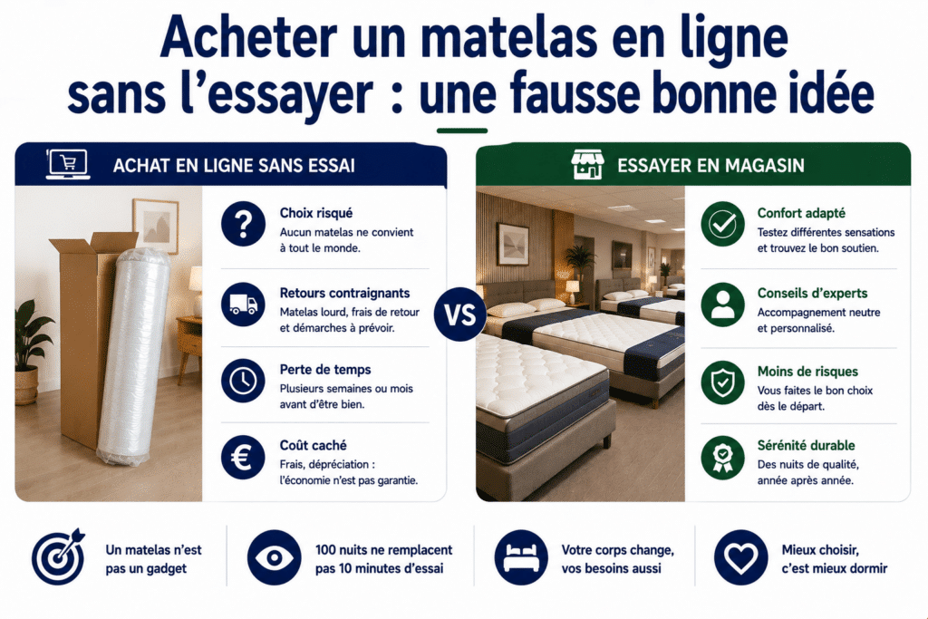 Infographie comparant l'achat d'un matelas en ligne sans essai avec un essai en magasin. La partie gauche présente les limites d'un achat uniquement sur internet : difficulté à choisir un confort adapté, retours souvent contraignants, perte de temps en cas d'erreur et coûts cachés liés au transport ou aux échanges. La partie droite met en avant les avantages d'un essai en magasin : comparer plusieurs conforts, bénéficier de conseils personnalisés, réduire le risque d'un mauvais choix et trouver un matelas réellement adapté à sa morphologie. L'infographie rappelle également qu'un matelas ne se choisit pas comme un simple produit de consommation, que quelques minutes d'essai valent souvent mieux qu'une longue période de retour, et que les besoins évoluent avec le temps.