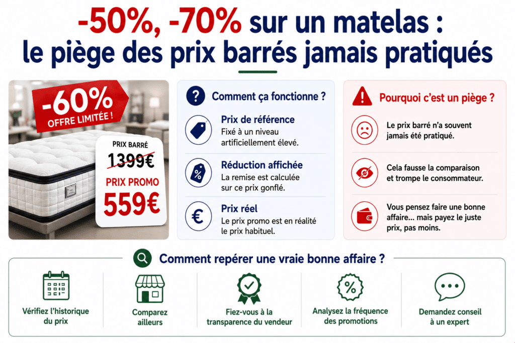 Infographie expliquant le fonctionnement des prix barrés sur les matelas et les précautions à prendre avant d'acheter. Elle montre comment un prix de référence artificiellement élevé peut donner l'impression d'une remise importante alors que le prix promotionnel correspond parfois au tarif habituel. L'infographie détaille les principaux risques des promotions trompeuses : comparaison faussée, perception erronée d'une bonne affaire et difficulté à évaluer la véritable valeur du produit. Elle propose également plusieurs conseils pour identifier une promotion crédible : vérifier l'historique des prix, comparer plusieurs enseignes, privilégier les vendeurs transparents, observer la fréquence des promotions et demander conseil à un spécialiste avant d'acheter un matelas.