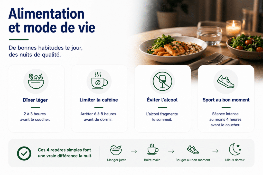 Infographie expliquant l’impact de l’alimentation et du mode de vie sur le sommeil, avec des conseils pour dîner léger, limiter la caféine, éviter l’alcool et pratiquer une activité physique au bon moment.