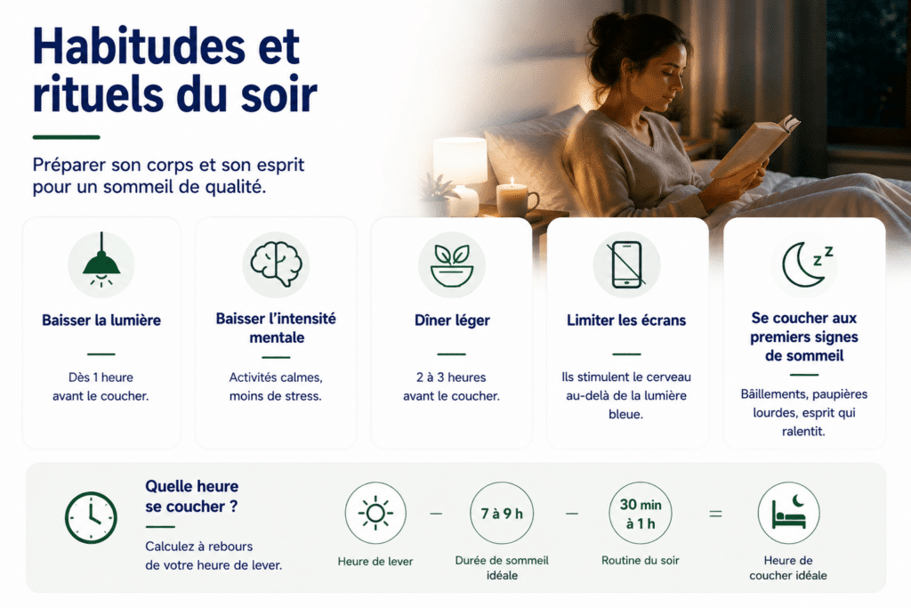 Infographie sur les habitudes et rituels du soir pour mieux dormir, présentant les bonnes pratiques : tamiser la lumière, se détendre, dîner léger, limiter les écrans et se coucher dès les premiers signes de sommeil.