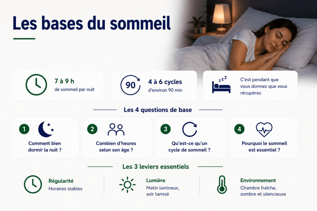 Infographie présentant les bases du sommeil : durée recommandée, cycles de sommeil, questions essentielles et conseils pour mieux dormir