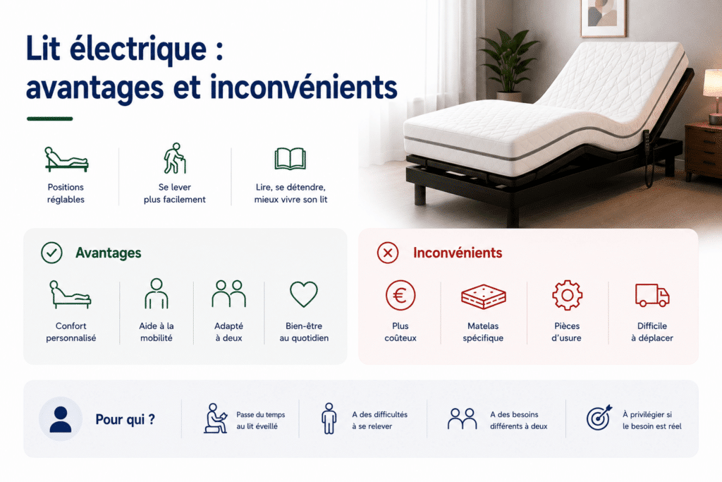 Infographie présentant les principaux avantages et inconvénients d’un lit électrique, avec les bénéfices en matière de confort, de mobilité et de bien-être, les limites liées au coût et au matelas spécifique, ainsi que les profils de personnes pour lesquels ce type de lit est recommandé.