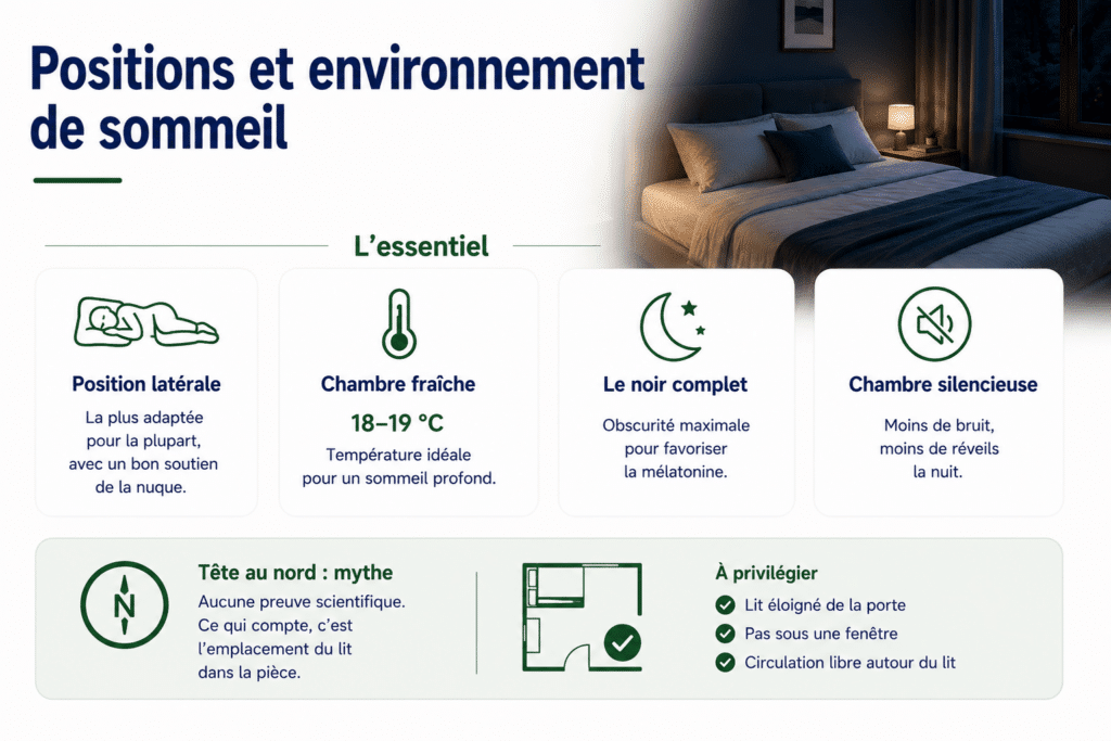 Infographie présentant les positions et l’environnement de sommeil idéaux : position latérale, chambre à 18–19 °C, obscurité complète, silence et conseils pour bien placer son lit dans la chambre.