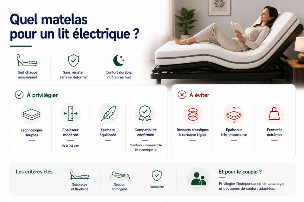 Infographie expliquant comment choisir un matelas compatible avec un lit électrique, présentant les caractéristiques à privilégier (souplesse, épaisseur modérée, fermeté équilibrée, compatibilité) et celles à éviter, avec une illustration d’une personne allongée sur un lit articulé.