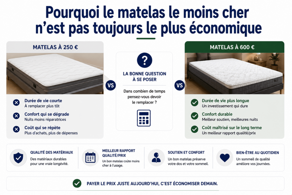 Infographie comparant un matelas d'entrée de gamme à un matelas de meilleure qualité afin d'illustrer le coût réel sur le long terme. Elle montre qu'un matelas à faible prix peut avoir une durée de vie plus courte, perdre plus rapidement son confort et nécessiter un remplacement anticipé, ce qui augmente le coût global. À l'inverse, un matelas de qualité supérieure offre une meilleure durabilité, un soutien plus constant, un confort préservé au fil des années et un meilleur rapport qualité-prix. L'infographie rappelle également que la qualité des matériaux, le maintien du dos, le confort nocturne et la longévité sont des critères essentiels pour réaliser un investissement durable plutôt que de se focaliser uniquement sur le prix d'achat.