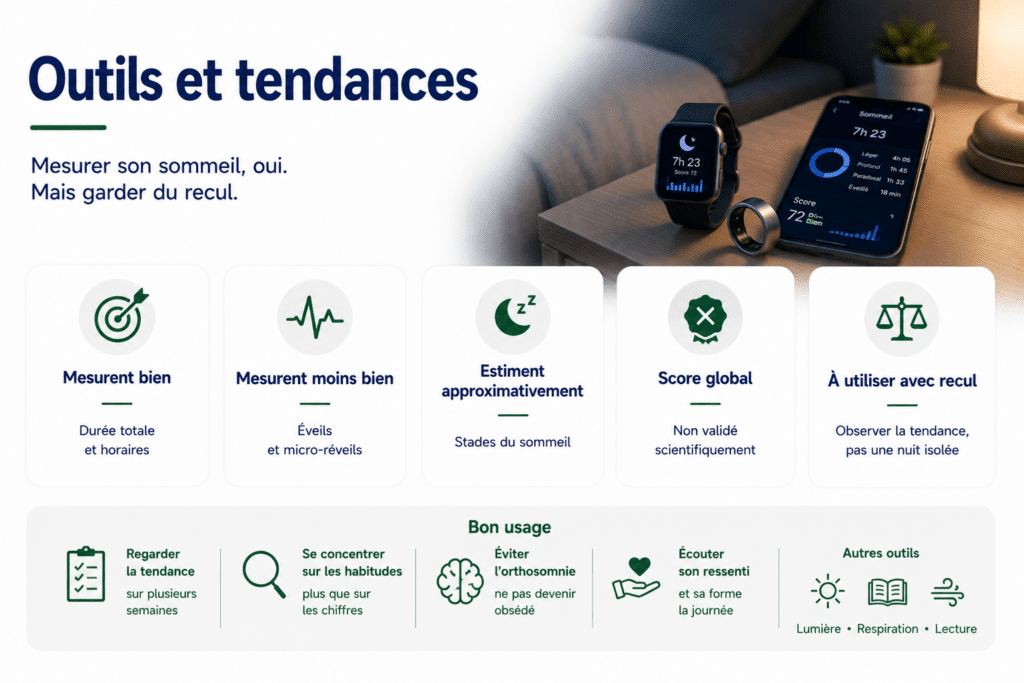 Infographie sur les outils de suivi du sommeil expliquant les avantages et les limites des montres connectées, bagues et applications, avec des conseils pour interpréter les données avec recul et privilégier de bonnes habitudes de sommeil.