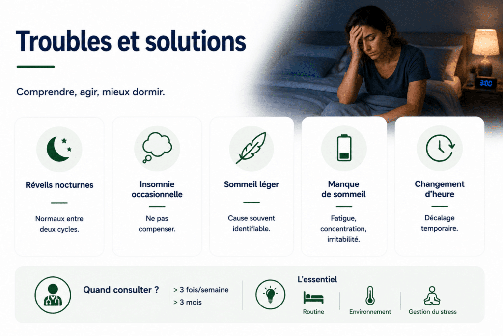 Infographie sur les principaux troubles du sommeil et leurs solutions, abordant les réveils nocturnes, l’insomnie occasionnelle, le sommeil léger, le manque de sommeil, le décalage horaire et les situations où il est conseillé de consulter.